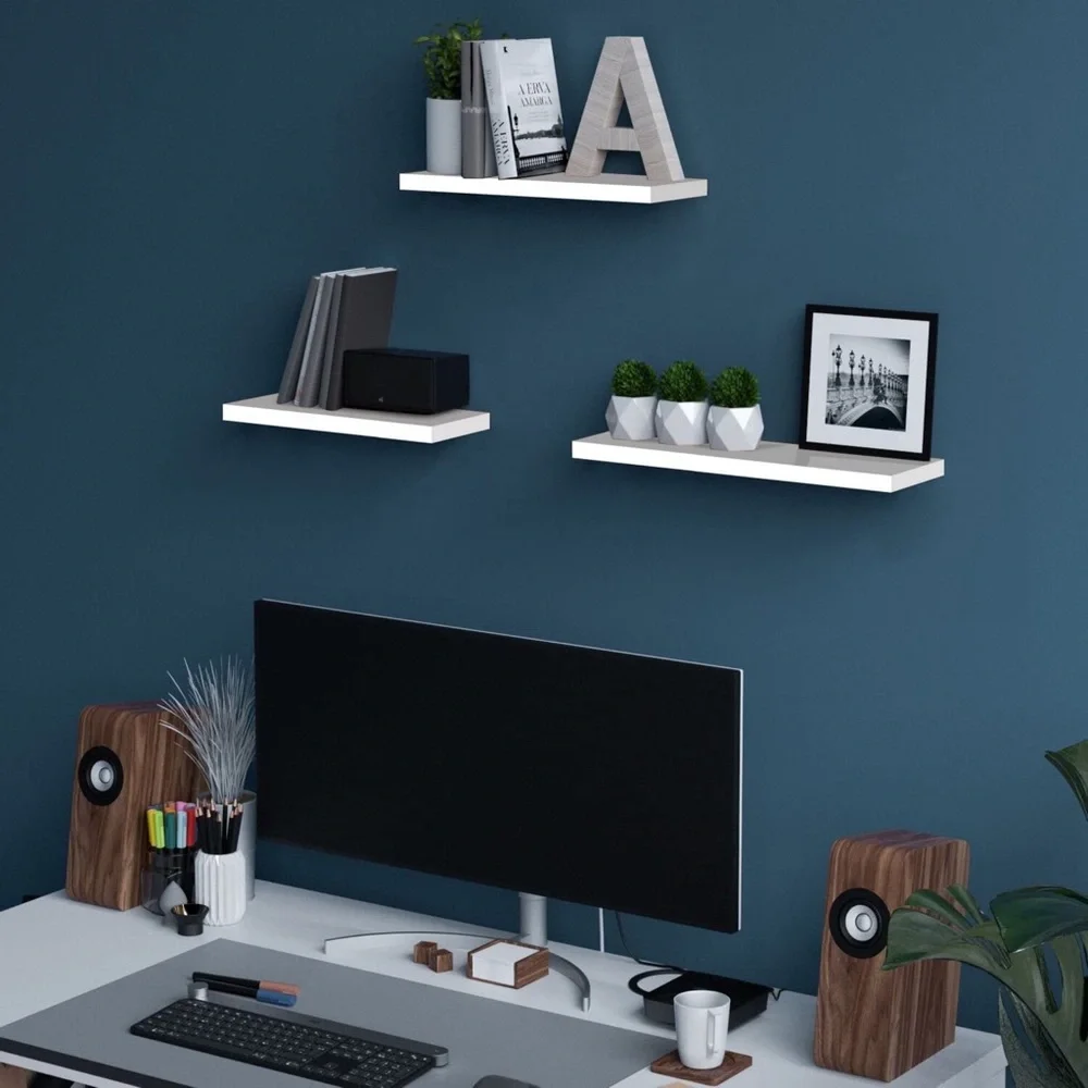 Wall Mounted Wooden Shelf Storage Rectangular Floating Shelves White Set of 3